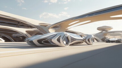 Obraz premium Futuristic Solar Racing Vehicles at Indian Desert Circuit - Photoreal Cinematic Image with Aerodynamic Designs and Swirling Heat Waves