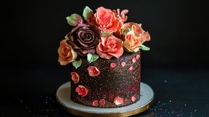 A handcrafted chocolate cake adorned with sugar roses and vibrant edible glitter, [festive dessert], [artistic presentation]