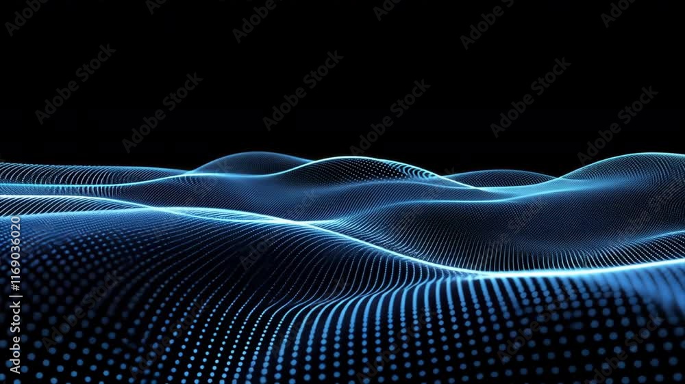 Poster abstract digital waves mesmerizing blue dots on black background create tranquil motion pattern in t