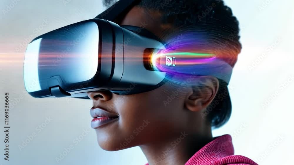 Poster exploring virtual reality technology with an immersive headset experience in a modern environment