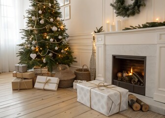 Fototapeta premium Cozy Holiday Living Room with Christmas Tree and Gifts