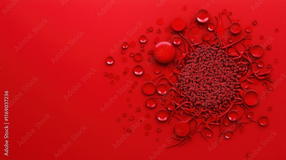Poster a vibrant red background features droplets and textured elements, creating an intriguing and dynamic