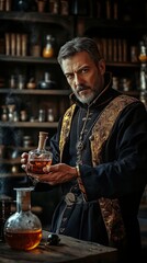 Alchemist Examining Ancient Potion In His Laboratory