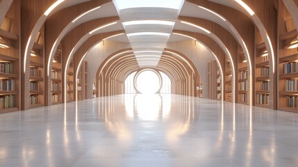 Obraz premium Futuristic Indian Library: Holographic Archives and Geometric Arches in Morning Sunlight - Ultra-Detailed Cinematic Image