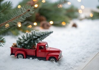 Red Toy Truck with Christmas Tree in Snow