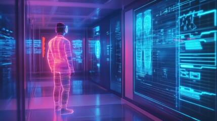 Futuristic man in VR headset looking at digital displays in a server room.
