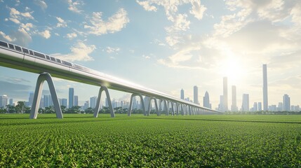 Futuristic Indian Monorail System Over Green Farmland with City Skyline in Distance