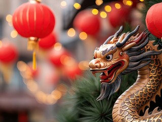 Fototapeta premium Beautiful Golden Dragon Sculpture Surrounded by Red Lanterns and Fairy Lights Celebrating Traditional Chinese Festival