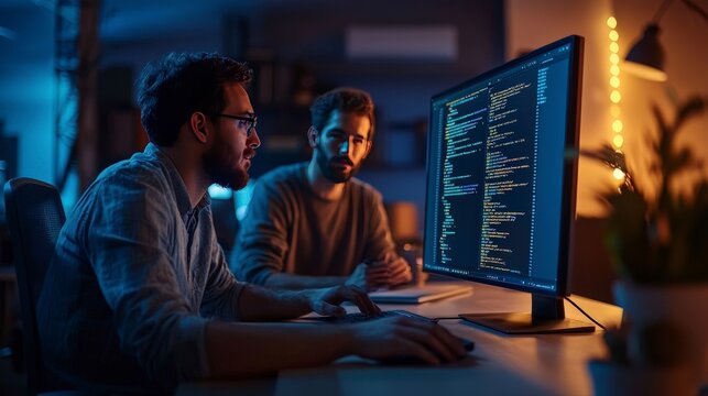 A compelling view of two programmers working side by side in a modern office, exemplifying collaboration and creativity in software engineering projects.