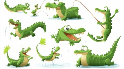 Fototapeta premium Fun and playful crocodile characters engaging in various activities around water