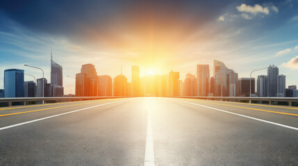 Fototapeta premium Downtown Skyline at Sunrise Viewed from Highway