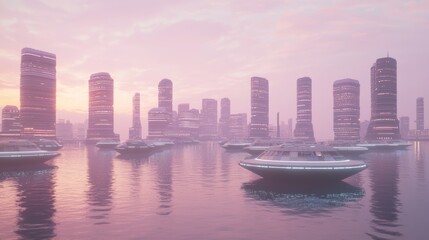 Fototapeta premium Futuristic Indian Harbor City with Lotus Wave Breakers and Advanced Cargo Drones at Dawn