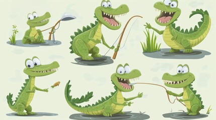 Fototapeta premium Fun-loving cartoon crocodiles engaged in fishing activities by a pond during sunny weather