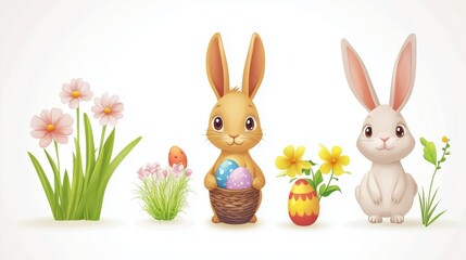 Cute bunnies with colorful eggs surrounded by flowers and grass during a cheerful spring celebration