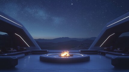 Obraz premium Techno-Indian Gathering Under Starlit Sky: Futuristic Digital Bonfire Scene with Minimalistic Seating - Ultra-Detailed Cinematic Image
