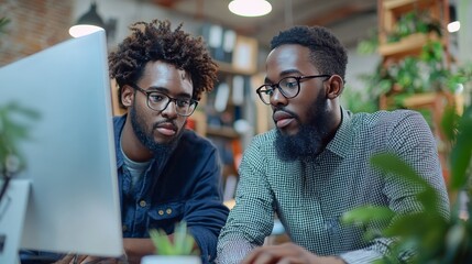 This image features two focused men working closely together on a computer in a modern office space, demonstrating collaboration and teamwork in a tech environment.