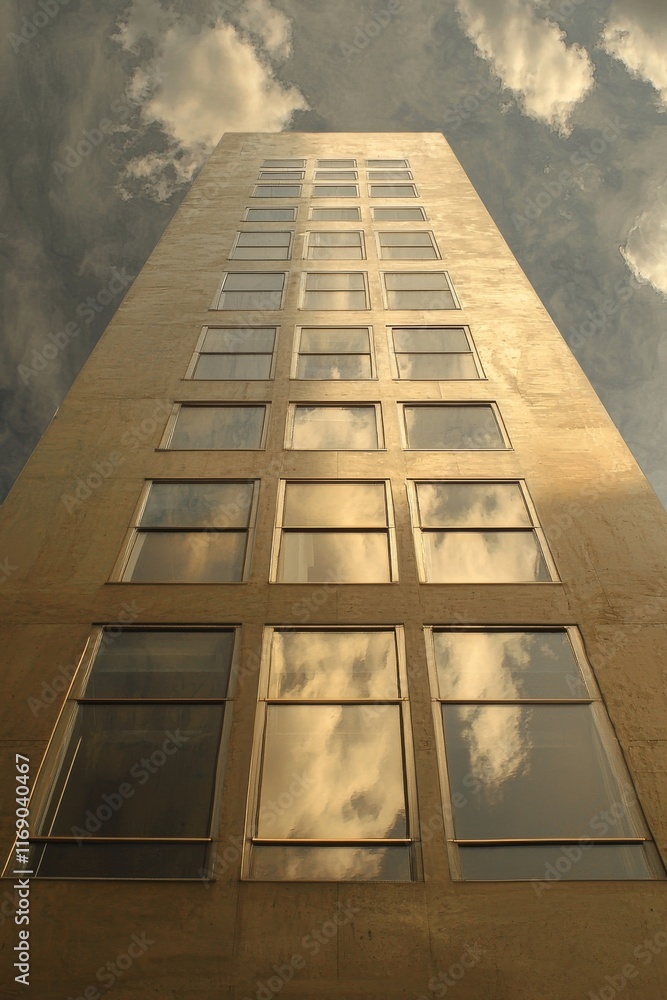 Poster golden skyscraper with clouds reflected in windows