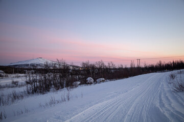 Winter wonderland in Swedish Lapland. Winter landscape from Kiruna, Luossuvaara area.