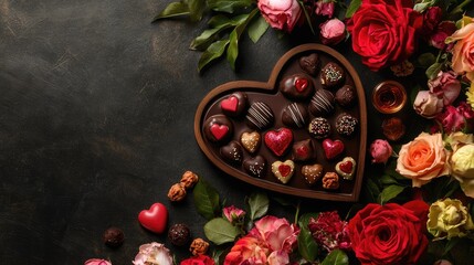A lavish display of gourmet chocolate pralines styled in a heart-shaped tray, surrounded by a bouquet of fresh roses, [Valentine's feast], [luxury and love]