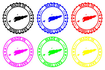 Made in East Timor - rubber stamp - vector, East Timor map pattern - black, blue, green, yellow, purple and red