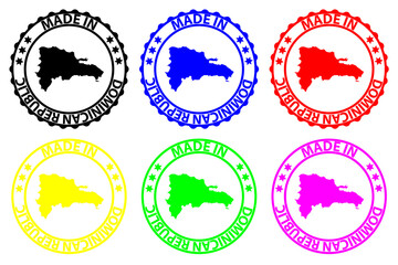 Made in Dominican Republic - rubber stamp - vector, Dominican Republic map pattern - black, blue, green, yellow, purple and red