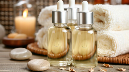 A serene spa setting with dropper bottles of essential oil, white towels, candles, smooth stones, and dried petals arranged on a wooden surface.