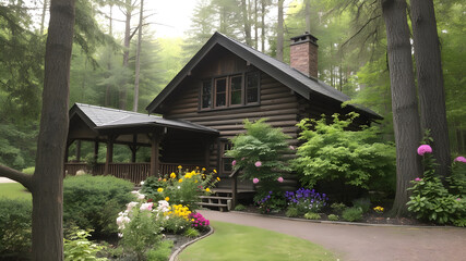log cabin in the woods, beautiful garden