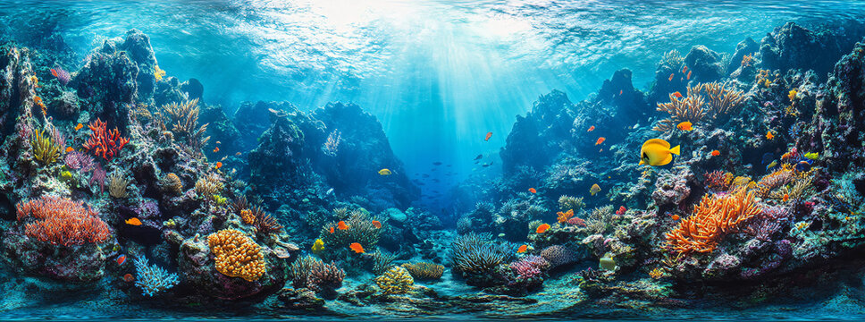 Tropical sea underwater fishes on coral reef. snorkel, diving. Aquarium oceanarium colorful marine panorama landscape nature. background wallpaper
