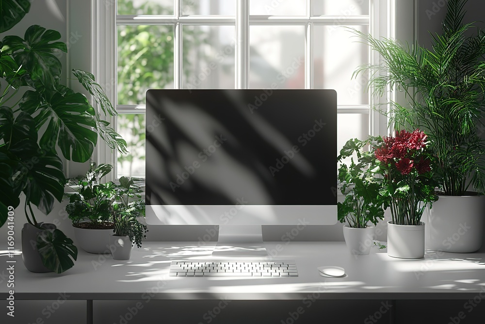 Poster bright workspace with computer and plants. sunlight streams through window.