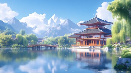 Fototapeta premium Serene Asian Temple Lakeside Mountain View