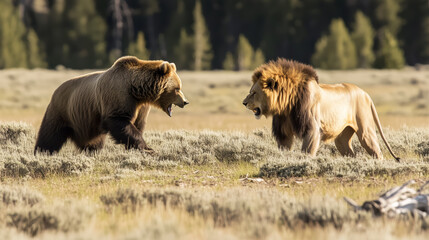 A showdown between a giant bear and a mighty lion preparing for battle.