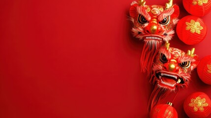 Festive Chinese New Year Banner Template with Traditional Lanterns and Dragon Masks for Celebratory Events and Decorations in Flat Lay Style