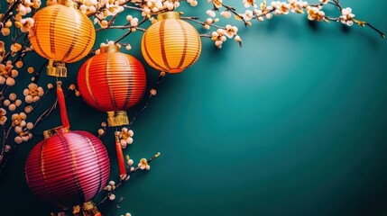 Fototapeta premium Festive Chinese New Year Banner Template Featuring Colorful Lanterns and Cherry Blossoms for a Joyful Celebration and Lucky Atmosphere