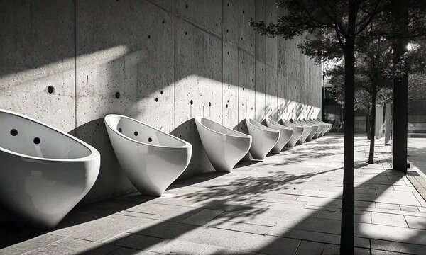 A row of modern, minimalist urinals against a concrete wall.