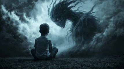 Obraz premium Child sits facing shadowy, monstrous figure.