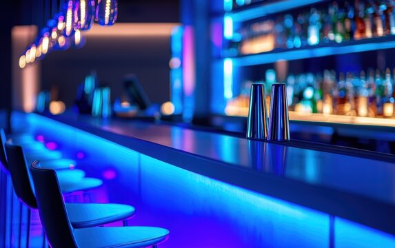 Illuminated bar counter with neon accents, sleek stools, and glowing shelves of bottles in a modern and energetic club setting