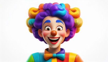 Vibrant Rainbow-Haired Clown with Colorful Suit, Orange Bowtie, and Big Smile. Perfect for April Fool's Day Fun, Jokes, Party Invitations, and Playful Celebration Ideas