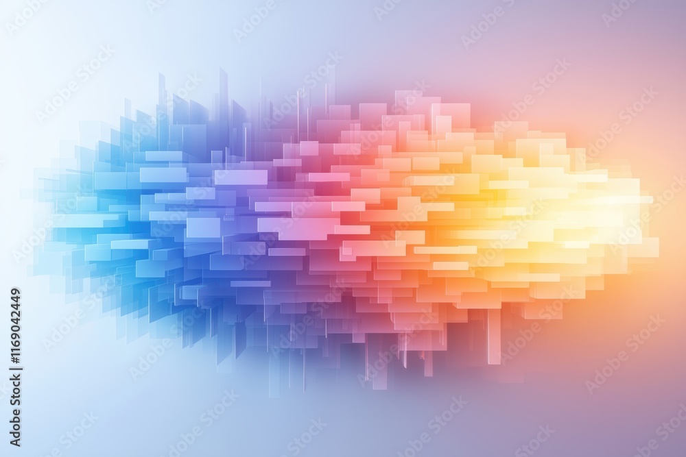 Poster pixel explosion from a gradient rainbow cube, vibrant hues and geometric dispersion creating a futur