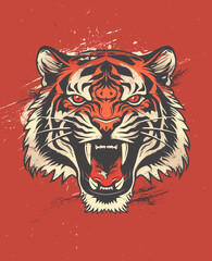 Fototapeta premium Fierce Tiger Illustration with Bold Lines and Rich Colors on Red Background 