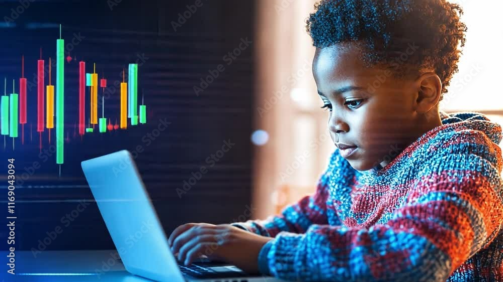 Poster young boy focuses intently on coding with a laptop in a cozy indoor setting