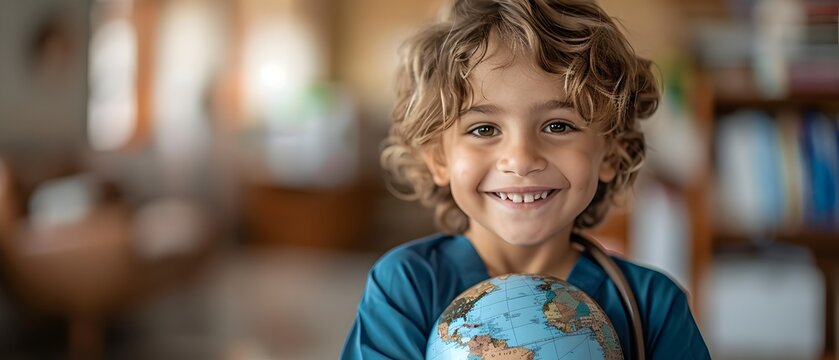 A young boy is holding a globe in his hands