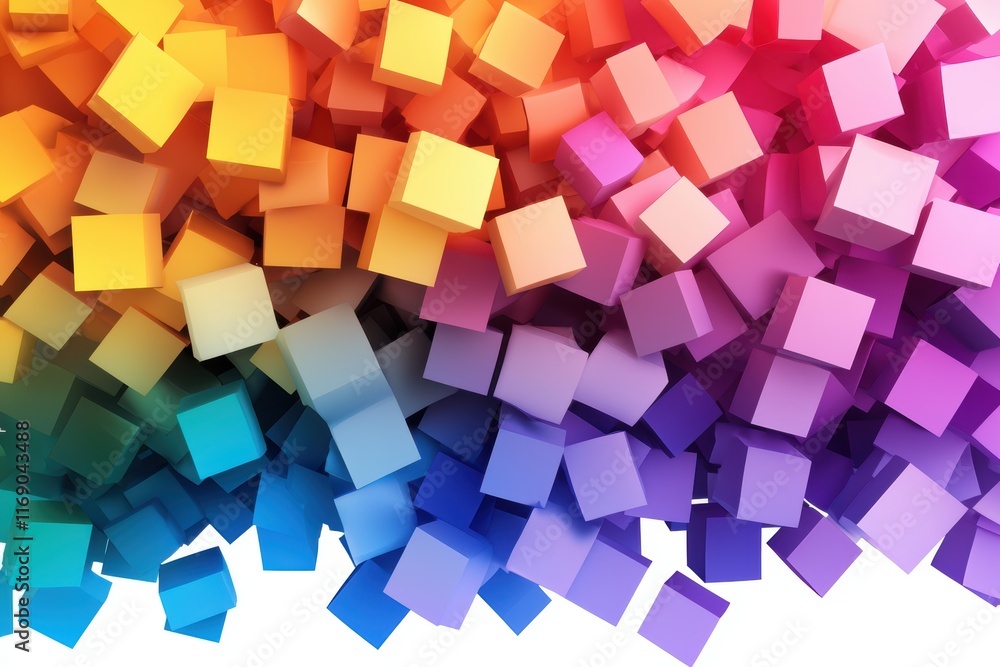 Poster pixel explosion from a gradient rainbow cube, vibrant hues and geometric dispersion creating a futur