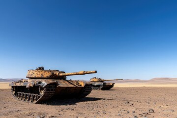 Rows of abandoned, rusting tanks in an arid desert landscape, showcasing the haunting remnants of war s powerful but obsolete machinery