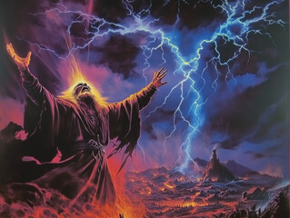 1970s dark fantasy art cover of a fearsome wizard who is neither evil nor good. This wizard is a force of nature, conjuring eletricity and lightning and casting