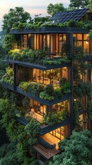 A high-resolution aerial view of a modern sustainable city with abundant green spaces. Features include rooftop gardens, solar panels on buildings, and clean streets.