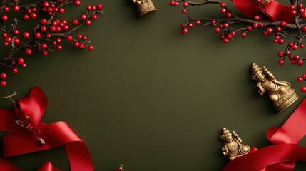 Vibrant Flat Lay Banner Template for Celebrating Chinese New Year Featuring Decorative Elements, Red Bows, and Traditional Symbols of Good Fortune