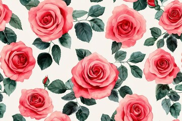 Fototapeta premium top view of natural fresh red roses in a seamless pattern vibrant floral wallpaper romantic and elegant theme