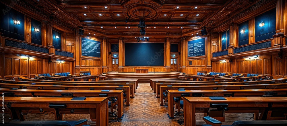 Poster grand wooden lecture hall with rows of empty desks and a large screen.