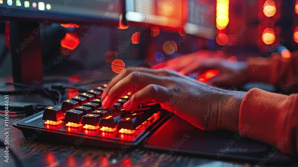 Poster a focused gamer types rapidly on a bright, glowing keyboard in a dimly lit room. monitors display in