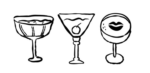 Party cocktail drink isolated set in line art outline style. Hand drawn doodle outline vector illustration